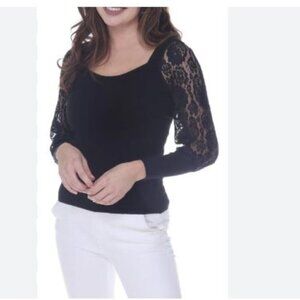 Rain + Rose Women's Lace Long Sleeves Pullover Sweetheart Neck Top Black XL NWT